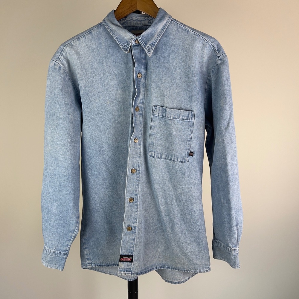 Dickies Mens Large Light Wash Denim Button Down Shirt Long Sleeve GL300SNB